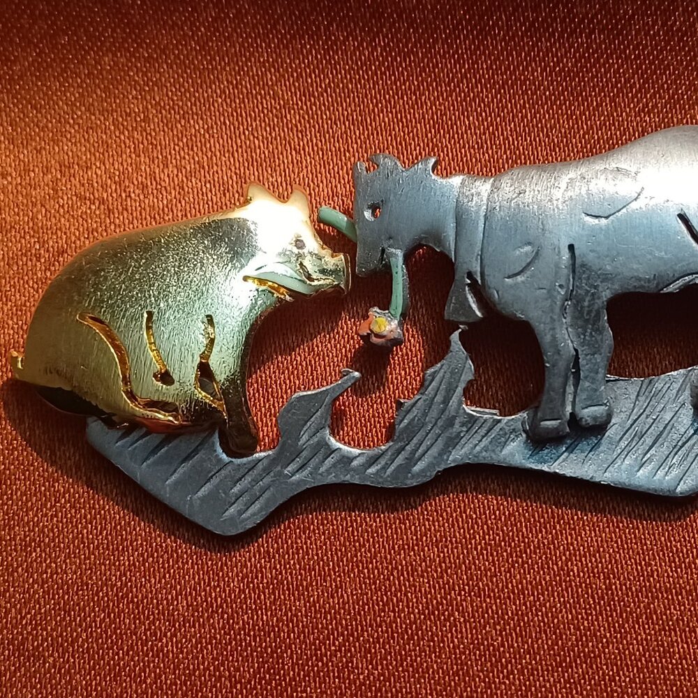 Vintage Ultracraft Pig & Cow Brooch Two Tone Mixed Metal Farm Animal Pin Rose